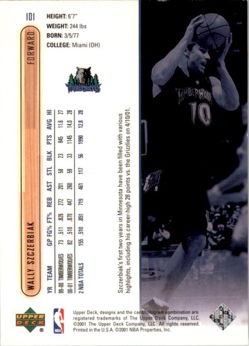 2001-02 Basketball Upper Deck Wally Szczerbiak Minnesota Timberwolves #101 - Picture 2 of 2