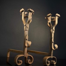 Pair Vintage Gothic Style Firedogs (Andirons) - Hand Beaten