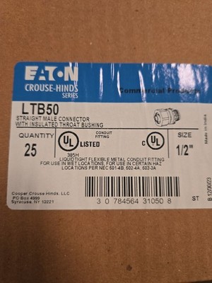 Box Of 25 Eaton Insulated Liquid-Tight Straight Connector 1/2'' LTB50  