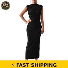 BTFBM Women Ruched Bodycon Maxi Dress Casual Black Size M