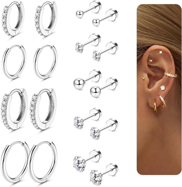 9 Paar Ohrringe Set 316L Chirurgenstahl Creolen Ohrstecker Gold Silber Damen-image
