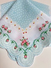 Beautiful New LuRay Soft Blue Handkerchief Hankie With Sweet Pink Rosettes