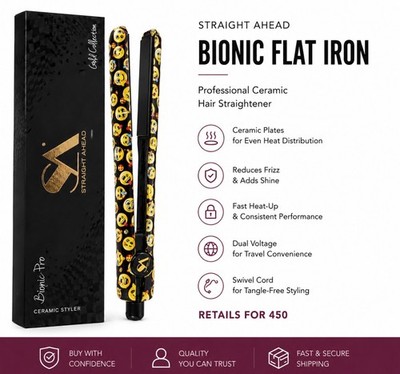 Bionic Pro Ceramic Flat Iron Rare Straight Ahead Gold Collection Emoji NIB