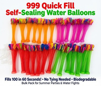 Quick-Fill Water Balloons 999   Self-Sealing, No Pump, 60 Seconds of Fun