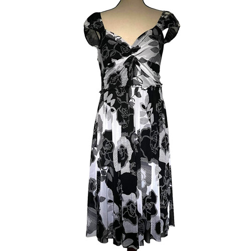 SIGNATURE BY SANGRIA Midi Kleid Blumenmuster Gr. 10 schwarz weiß Kappe Rüschen Retro - Bild 1 von 14