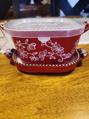 Temptations by Tara Floral Lace Red 10 oz Oval Ramekin Baker Lid Tray 3pc Set
