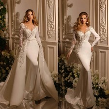 V Neck Mermaid Wedding Dress Long Sleeve Pearls Appliques Detachable Bridal Gown
