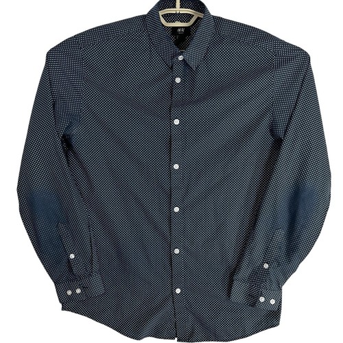 HM Men Button Up Shirt Size L Blue White Polka Dot All Over Print Easy Iron FLAW