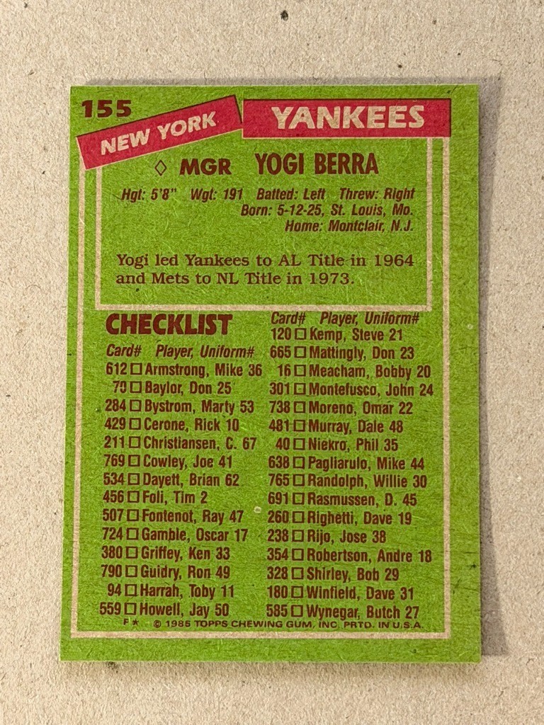 1985 Topps #155 Yogi Berra   New York  Yankees Manager thumbnail 2