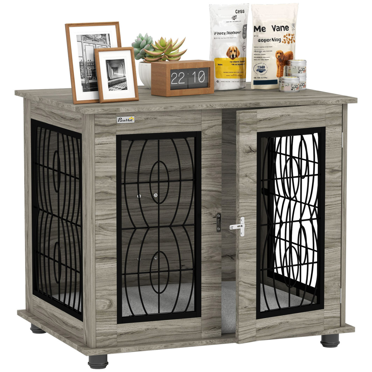 PawHut Dog Crate Furniture - End Table - Medium Dog Crate - Grey Wood-Effect - Washable Cushion - Image 2