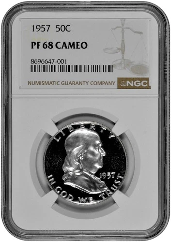 1957 50C Proof Silver Franklin Half Dollar NGC Graded PF 68 Cameo