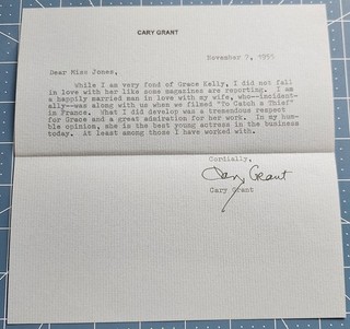Lettera originale d'epoca attore Cary Grant che discute Grace Kelly autografata 1955