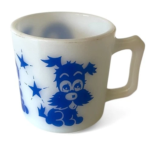 Vintage Hazel Atlas Milk Glass 3" Child's Mug Puppy Dog Bunny Duck Blue Star Cup