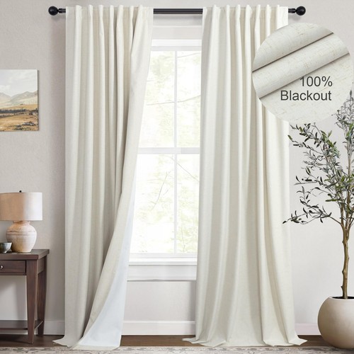 Cream Linen Blackout Curtains 84 Inch Long 2 Panel Set Back Tab Thermal Insul...