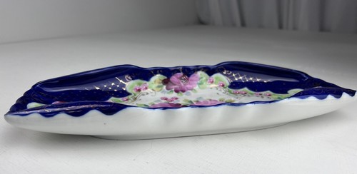 Vintage Ultramarine Blue Gilt Pink Roses Hand-Painted Relish Candy Decor Dish - Picture 7 of 9