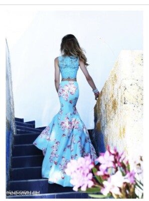 gold and blue formal dress Blue Tulle A-line Floral Print Long Prom Dresses MP698 main image 1