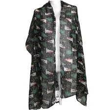 Cejon Christmas Tree Snowman Scarf Wrap Oversized Chiffon Black Silver #MQ25