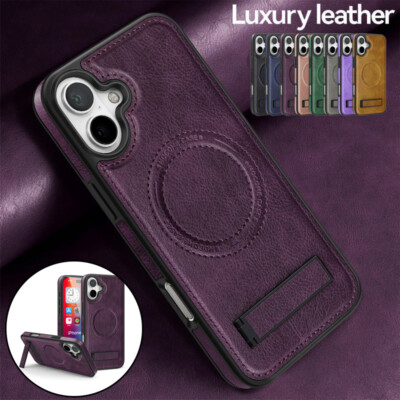 For iPhone 17 16 15 Pro Max 14 13 Magnetic Leather ShockProof Stand Case Cover