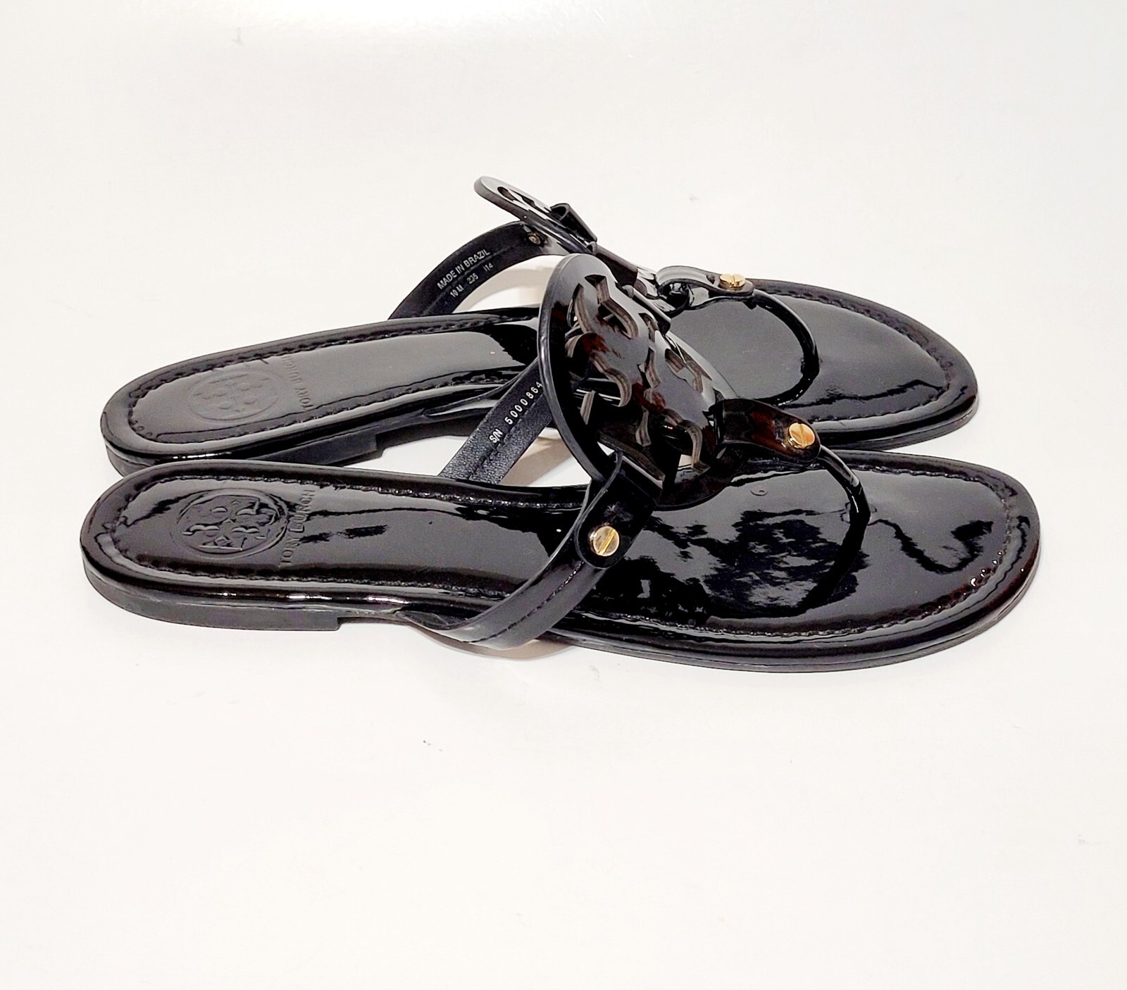 Tory Burch Miller Sandals Logo Black Patent Leather Thong FlipFlop Flats Wms 10M thumbnail 11