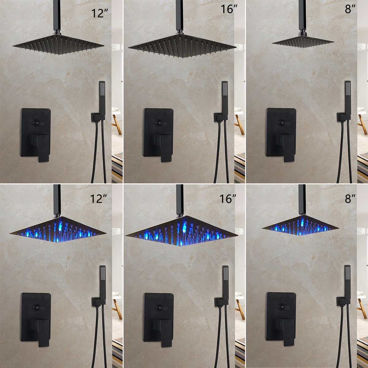 Ceiling Mount LED Shower Head Square Combos 2-Way Mixer With Handheld Shower Tap