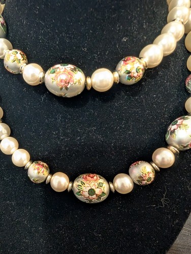 Collana Vintage Laurea Finta Perla Oro Disco Trasferimento Floreale Grossa Lunga 30" - Foto 8 di 15