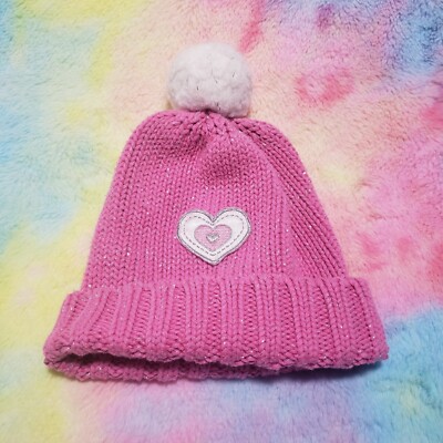 Hearts Winter Hat Beanie Pink Girls 3T-4T Knit Pom Pom Childrens Place 