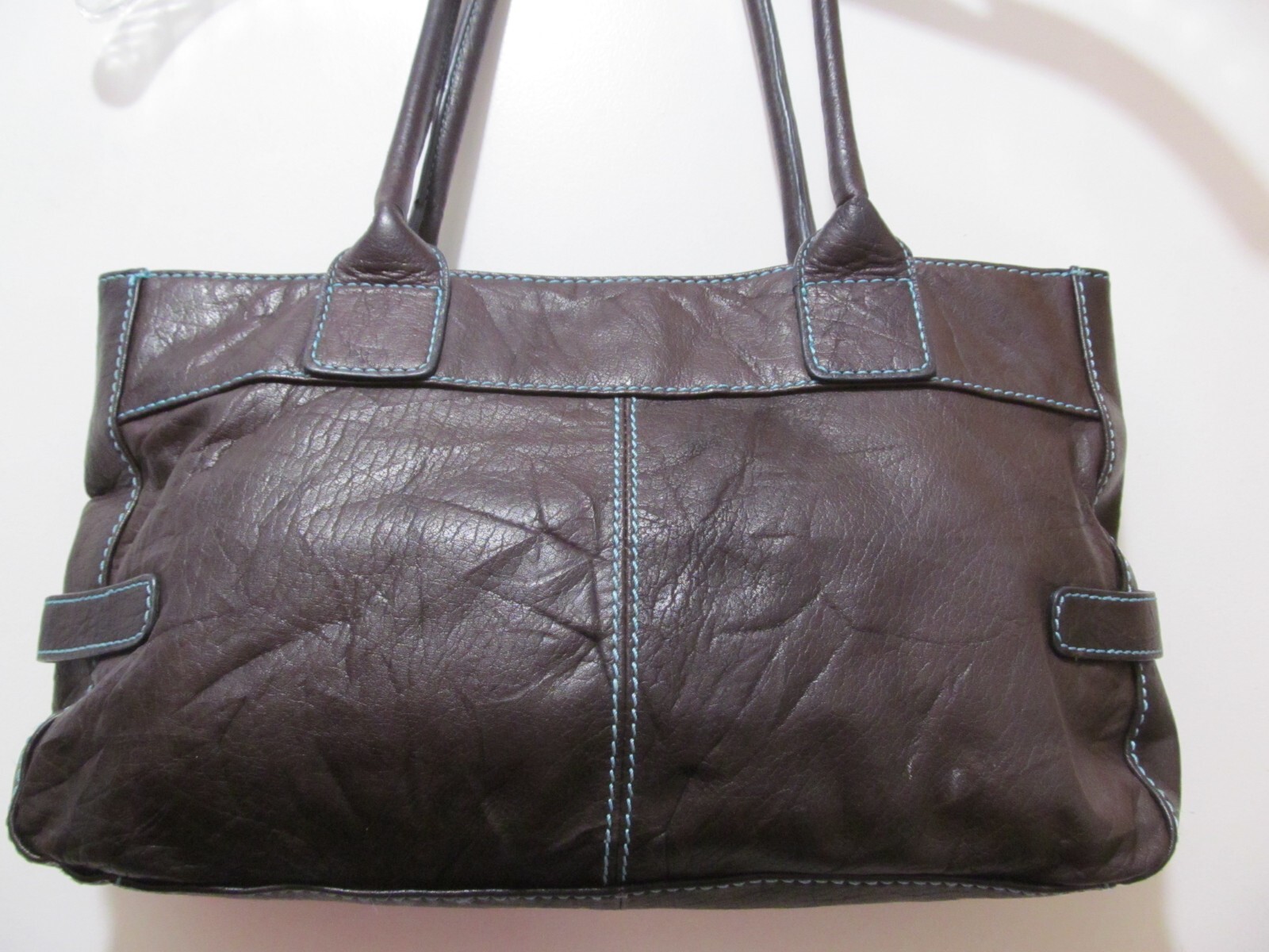 Wilsons Leather Handbag Brown with Blue Stitching Double Handles