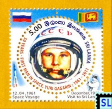 Estampillas de Sri Lanka 2011, viaje espacial, Yuri Gagarin, redondas, MNH