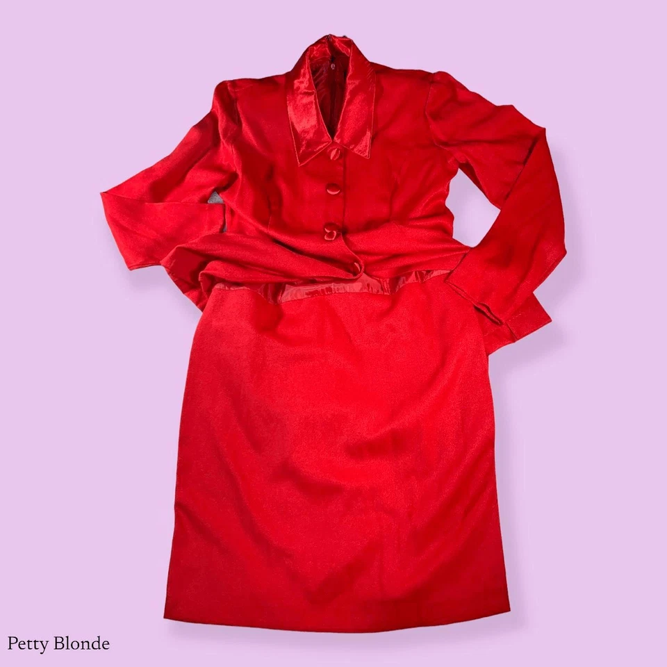 Conjunto de vestido blazer rojo Virgo para mujer 6 almohadillas de hombro con cuello satinado años 80 llamativo Vin Foto 4 de 4