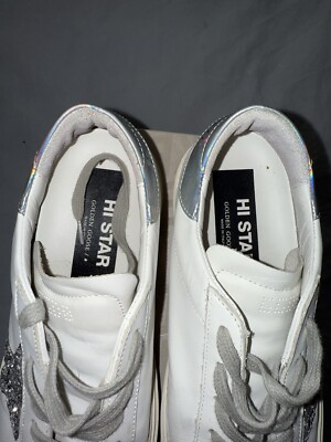 Golden Goose Hi Star White Leather Glitter Star Mirror Heel Shoes
