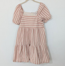 Loft Striped Square Neck Puff Sleeve Mini Dress Tiered Beige Pink Sundress 6
