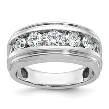 14k White Gold Polished and Grooved 1 3/4 Ct Diamond Ring Size 10 for Men's
