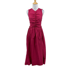Ulla Johnson Dress Womens 0 Sangria Mimi Ruched Cotton Sleeveless V Neck Midi
