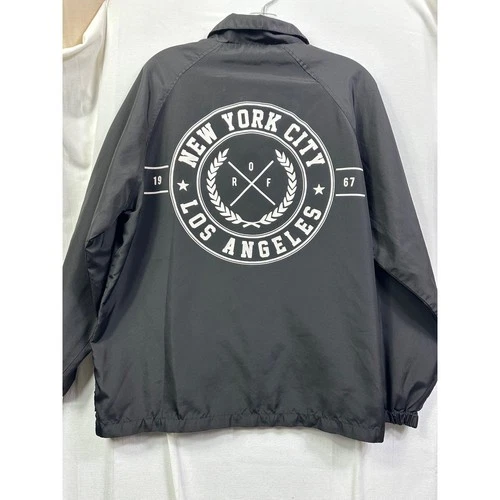 Ring Of fire Black Coach Jacket New York City Los Angeles Snap Windbreaker SZ L - product listing photo