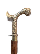 Vintage Brass Handle Wooden Walking Stick   Solid Wood Cane, Antique Style