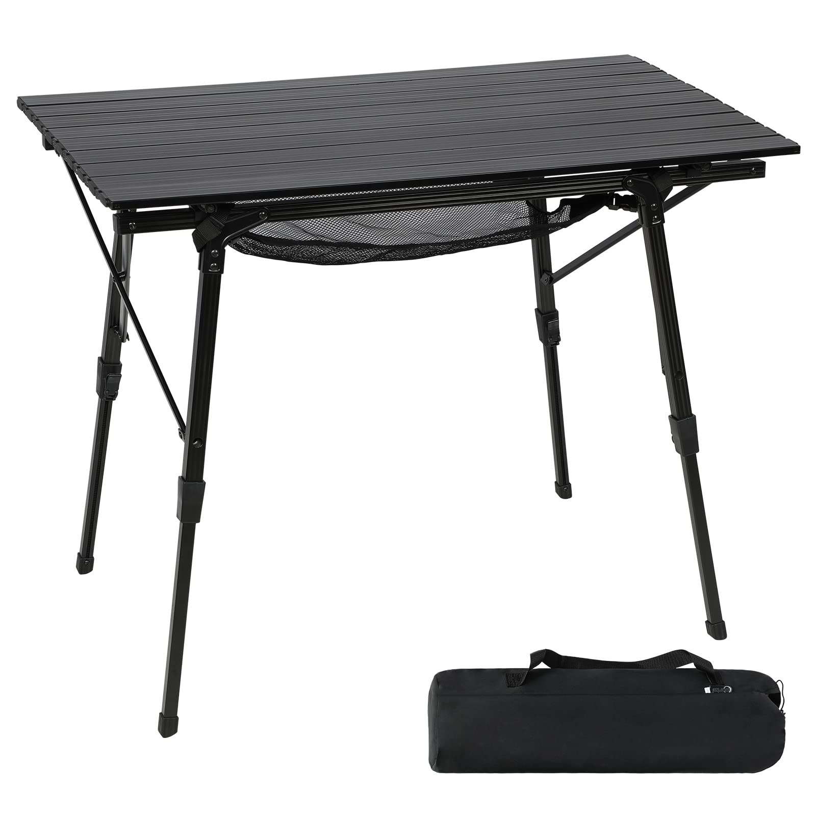 Table de camping pliante alu légère avec pieds réglables et plateau enroulable