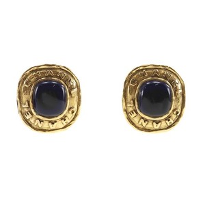 Authentic CHANEL Earring vintage Colored stone blue gold Plated Gold/Blue stone Squa...