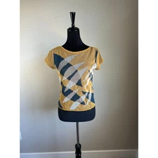 Women's Cut 70's Inspired Yellow & Blue Short Sleeve Knit Crew Neck Top Size S