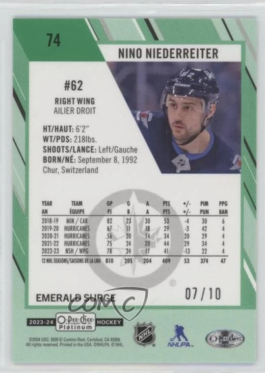 2023-24 O-Pee-Chee Platinum Emerald Surge /10 Nino Niederreiter #74 - Image 2 of 2