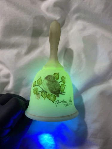 Fenton Uranium Glass Mothers Day 1980 Custard Satin Bell Signed Bird on Branch