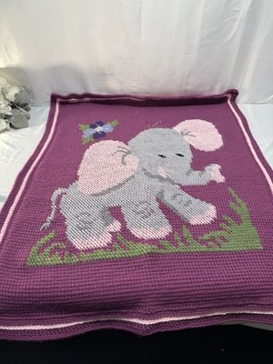 Super Adorable Purple Crochet Baby Blanket With Elephant And Flowers 29  X 36 