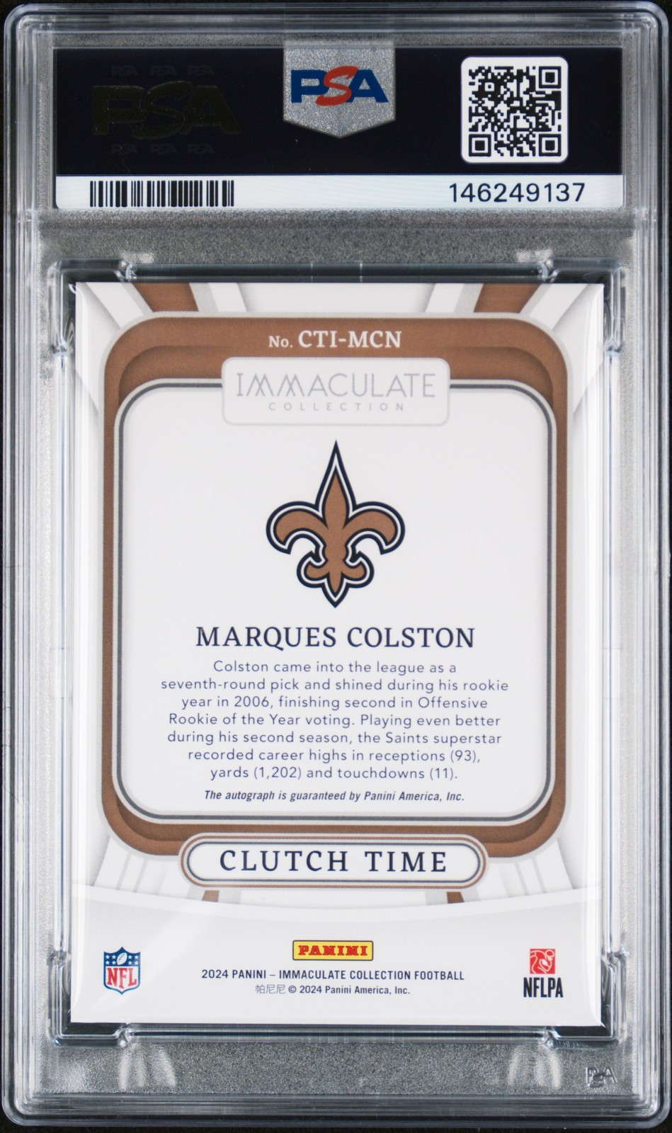 2024 PANINI IMMACULATE COLLECTION CLUTCH TIME MARQUES COLSTON /99 PSA 8 AUTO 10 view 2