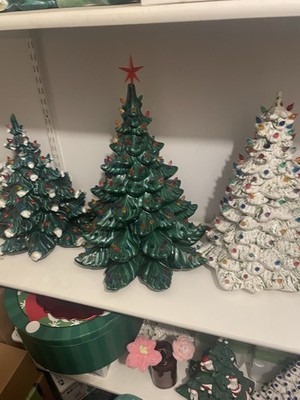 Ceramic Lighted Christmas Tree Figurines Lot, Green & White, Star Topper, Bulbs