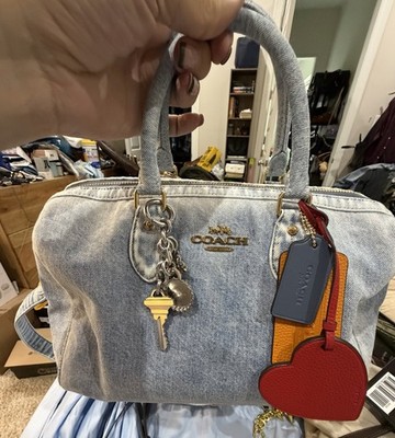 Coach Light Blue Denim Zip Satchel Top Handle Detachable Strap Heart Charm