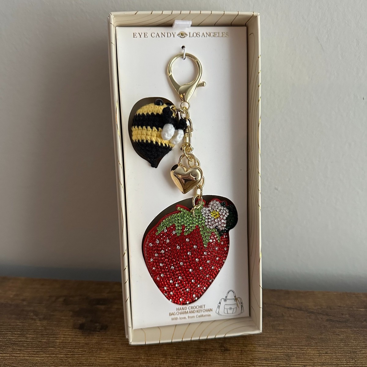 Beljeley Cute Strawberries Bag Charm Keychain - Sparkling Resin & Gold Accessory For Purses, Keys, Car Decor