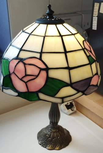 Vintage Stained Glass Tiffany Style Table Lamp Floral Rose Art Nouveau 15.5"