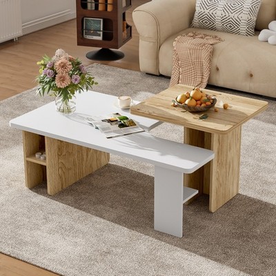 Farmhouse Set of 2 Nesting Coffee Table Wood Sofa Side Table Center Table Set