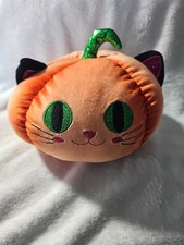 Hug Fun Kitty Cat Pumpkin Plush Toy Shiny Green Eyes Halloween Fall Decor 6"