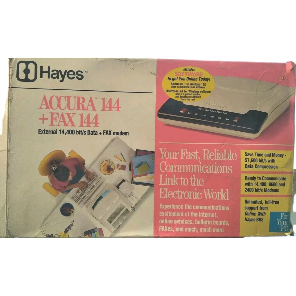 HAYES 5150AM ACCURA 14400 + FAX144 EXTERNAL MODEM. New, orig box, docs software - Image 2 of 4