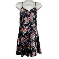 Vintage Victoria's Secret Gold Label Satin Slip Dress Floral Button Black Pink M